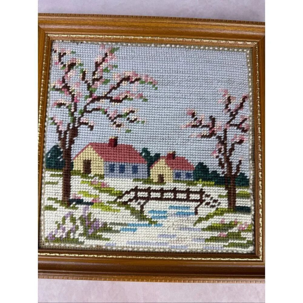 Vintage Framed Needlepoint Country House Cottagecore